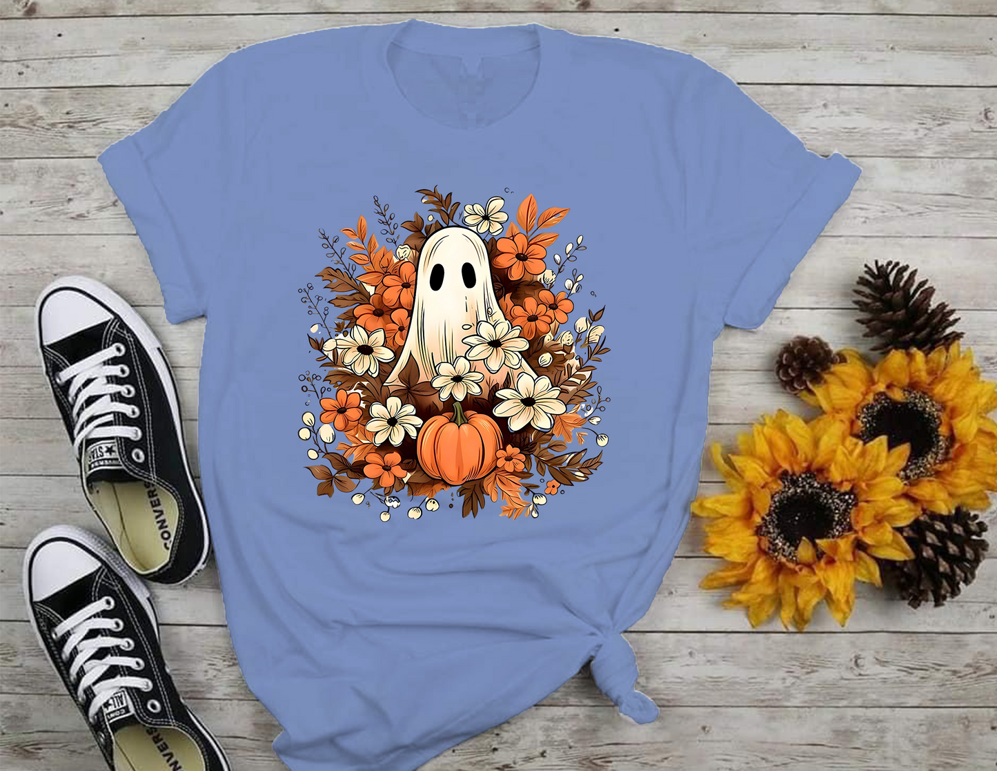 Fall Theme Featuring Cute Ghost T-Shirt, Halloween, 0218 Cotton