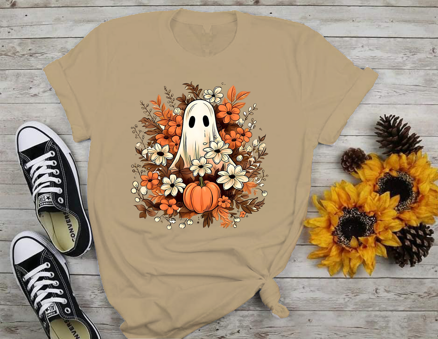 Fall Theme Featuring Cute Ghost T-Shirt, Halloween, 0218 Cotton