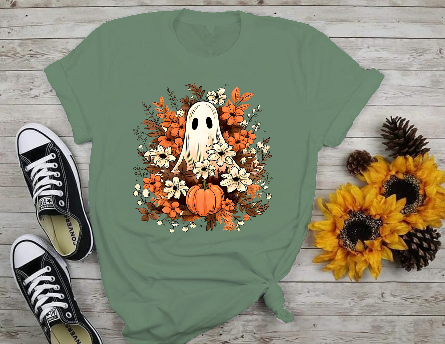 Fall Theme Featuring Cute Ghost T-Shirt, Halloween, 0218 Cotton