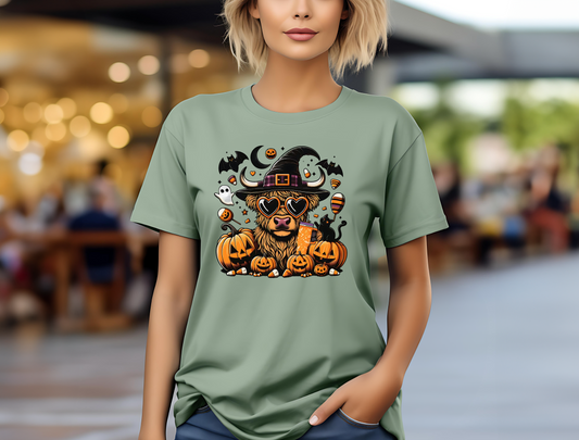 Halloween Highland Cow T-Shirt, Halloween, 0235 Cotton