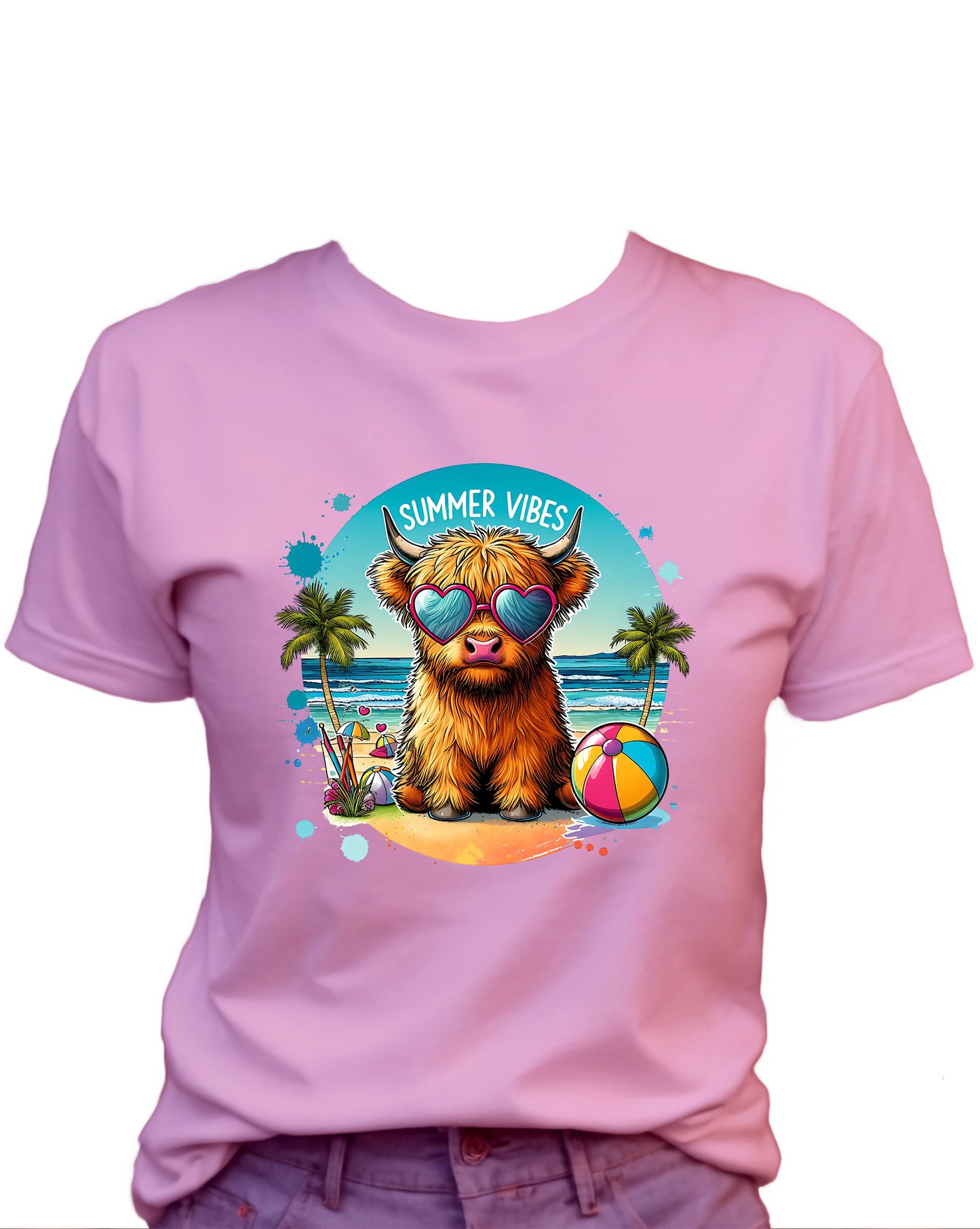 Summer Vibes Highland Cow T-Shirt , Funny Cute Women's Graphic Shirt, 0098