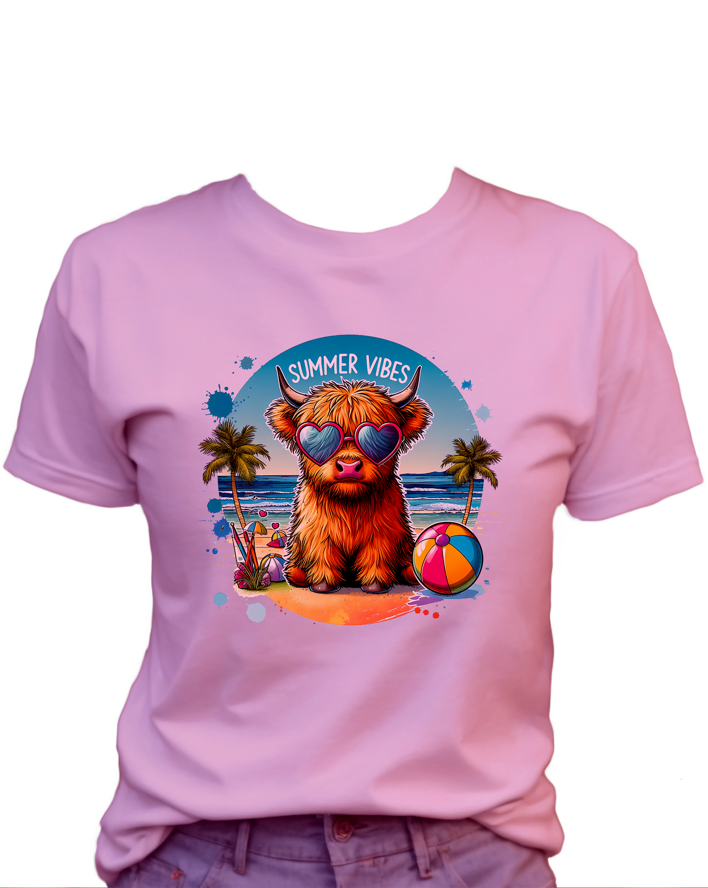 Summer Vibes Highland Cow T-Shirt , Funny Cute Women's Graphic Shirt, 0098