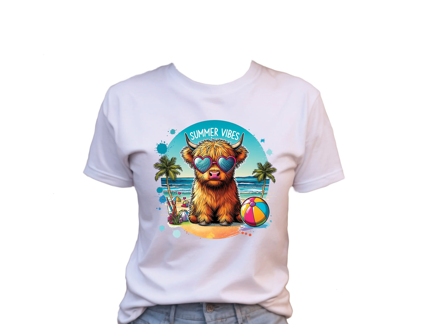 Summer Vibes Highland Cow T-Shirt , Funny Cute Women's Graphic Shirt, 0098