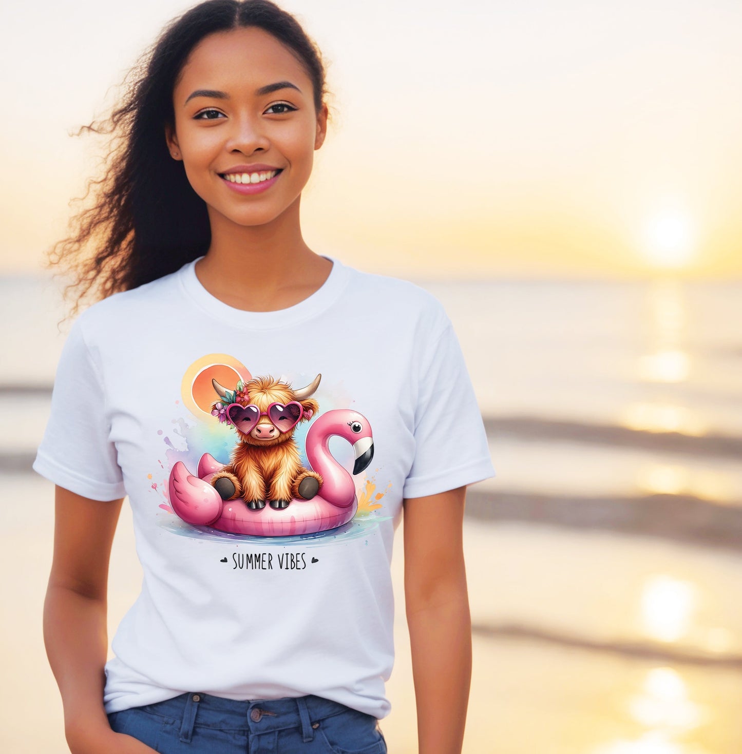 Summer Vibes Highland Cow T-Shirt , Funny Cute Women's Graphic Shirt, 0105