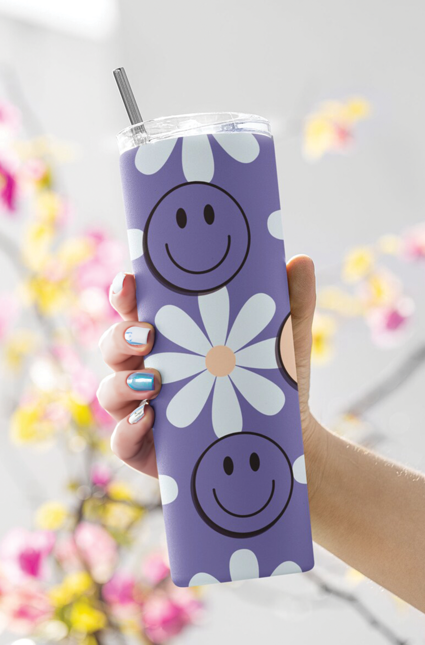Retro Purple Happy Face Daisies Stainless Steel Insulated 20oz Tumblers